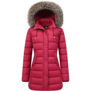 Women's Winter Wine Red Jacket Warm Long Puffer Coat Waterproof Parka